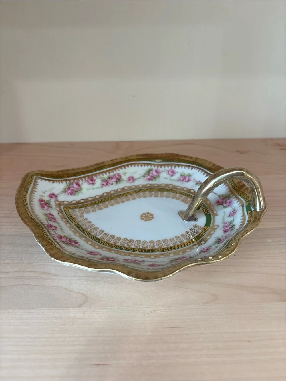 Antique Heinrich & Co Bavarian Porcelain Leaf Dish Gold Gilt Rose Trinket Tray